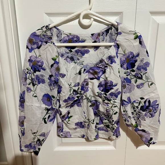 Anthropologie V Neck Ruched Knit Top Floral Romantic White Purple - Picture 7 of 7